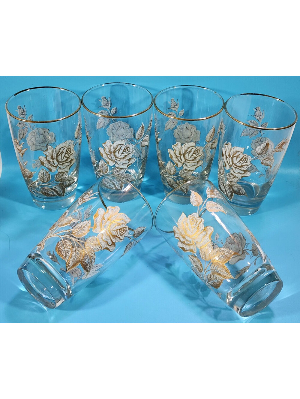 Vintage Libbey Rose Bouquet Tumblers, Gold Rim, 1960s, barware Set of 6